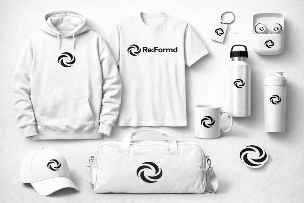 Re:Formd merchandise flat lay: white hoodie, t-shirt, cap, duffel, mug, bottles, earbuds case, and accessories on a light surface